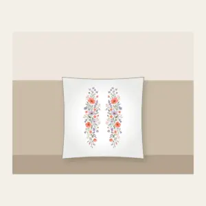 Drifting Wildflowers in Coral and Lilac Pillow in white: Wildflowers in coral, lilac and sage drift in long lines across the artwork.