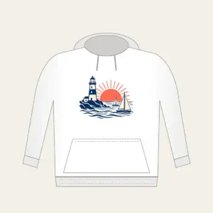 Lighthouse and Two Sailboats Hoodie in white: A navy lighthouse, two cream sailboats outlined in navy and a coral rising sun.