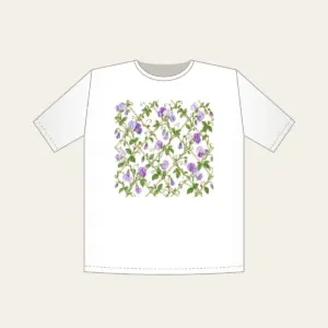 Sweet Peas Climbing a Lattice T-Shirt in white: Sweet peas climb an all-over lattice in lilac and green on cream.