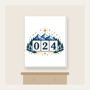 Mountain and Star Border with 024 Canvas Print in white: A border of mountains and stars surrounds a three-digit counter reading 024.