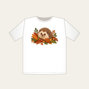 Hedgehog Among Fallen Leaves T-Shirt in white: A small hedgehog wanders among fallen leaves in brown, rust and green.