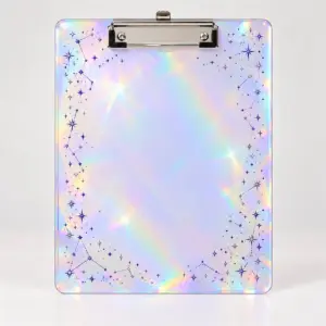 Constellation Border Hologram Clipboard with a border of tiny constellation dots and fine connecting lines in silver and violet around a blank centre