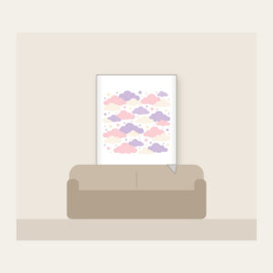 Lilac Cloud Rows Fleece Blanket in white: Rows of clouds in lilac, blush and cream with small stars between.