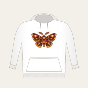 Glowing Amber Moth Hoodie in white: A large moth with intricately patterned wings, each marked with a glowing circle in amber and plum.