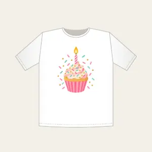 Candlelit Cupcake with Sprinkles T-Shirt in white: A cupcake with a lit candle and scattered sprinkles in pink, mint and gold.