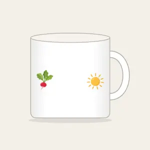 Radish and Sun Strip Mug in white: A 4:1 horizontal strip with a small red radish at one end and a round sun at the other, plenty of whitespace between.
