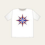 Cobalt Starburst Pattern T-Shirt in white: A starburst pattern in cobalt and orange over a cream field.