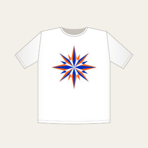 Cobalt Starburst Pattern T-Shirt in white: A starburst pattern in cobalt and orange over a cream field.