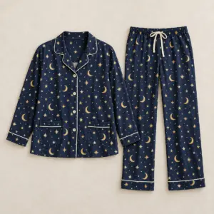 Navy Piping Pocket Pajama Set with all-over small stars and crescent moons in cream and gold on navy with contrasting piping lines