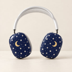 Midnight-blue headphone earcup covers with cream stars and a crescent moon, shown on headphones as a display prop.