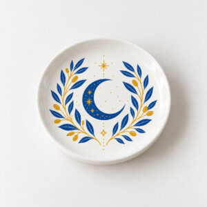 Moon and Olive Ring Dish with a centred crescent moon with olive sprigs in cobalt and gold line art on white