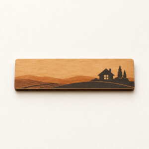 Hearth Row Layered Landscape Tag with two-layer landscape tag artwork about 3:1: a simple house outline with chimney at the left on the upper layer and a warm amber window glow on the lower layer, charcoal and amber, with open whitespace to the right