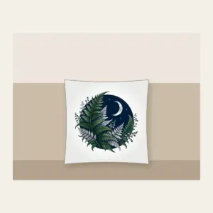 Moonlit Fern Fronds on Navy Pillow in white: Silver and deep green fern fronds curl over navy beneath a small crescent moon.