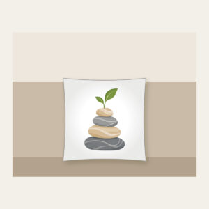 Cairn Stones with a Sprout Pillow in white: Stacked cairn stones in grey and sand, topped with a tiny green sprout.