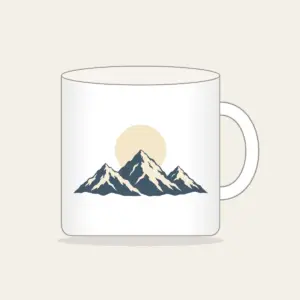 Moonrise over Three Peaks Mug in white: A round moon rises over three mountain peaks in cream and slate.