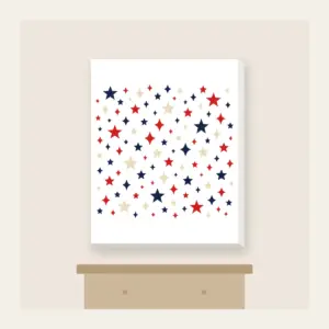 Small Stars and Diamonds Repeat in Navy Canvas Print in white: A repeat of small stars and diamonds in navy, red and cream.