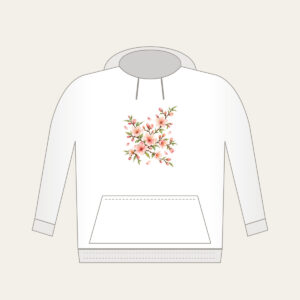 Peach Blossom Branches on Cream Hoodie in white: Peach blossoms and slender branches in peach, rose and pale green rest on a glossy cream ground.