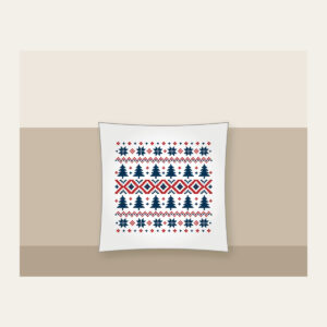 Fair-Isle Pines and Stars Pillow in white: Fair-isle bands of pines, stars and diamonds in cream, brick red and navy.