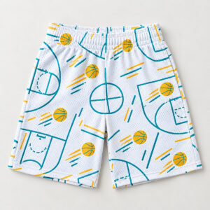 Youth mesh sports shorts printed with court lines and tiny basketballs in teal and yellow