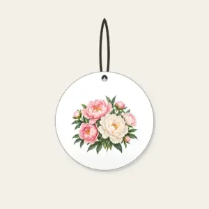 Blush and White Peonies Ceramic Ornament in white: Peonies in blush and white with green leaves on a cream base.