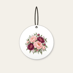 Blush and Plum Peony Clusters Ceramic Ornament in white: Full peony clusters in blush, plum and sage drift across the artwork in an all-over pattern.