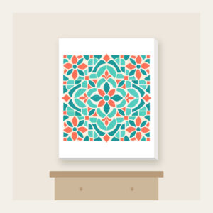 Aqua and Coral Mosaic Tiles Canvas Print in white: Mosaic tiles in aqua, coral and cream fit together across the artwork.