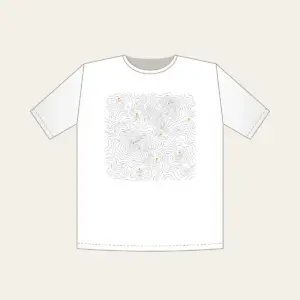 Topographic Lines and Trail Markers T-Shirt in white: Topographic lines in grey with small orange trail markers.