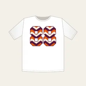 Plum Chevron Panels with Number 88 T-Shirt in white: Bold chevron panels in plum, burnt orange and cream, with the number “88” standing out in the middle.
