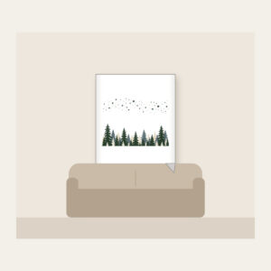 Pine Silhouettes under Scattered Stars Fleece Blanket in white: A band of pine silhouettes runs along the lower edge beneath a drift of tiny stars in slate, forest green and cream.