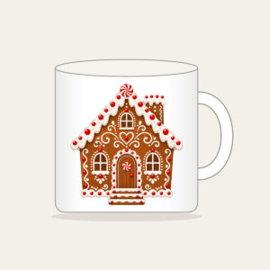 Gingerbread Cottage with Icing Swirls Mug in white: A gingerbread-style cottage with white icing swirls and candy dots in brown, white and red.