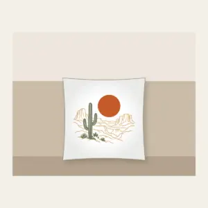 Desert Sun and Canyon Lines Pillow in white: A rust-orange sun disc over sparse canyon contour lines and one sage cactus silhouette, flat screen look.