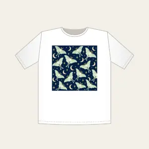 Luna Moths and Crescent Moons on Navy T-Shirt in white: Pale luna moths and crescent moons glow on deep navy among tiny star dots.