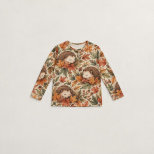 Sleepy Hedgehog Youth Long Sleeve Shirt with sleeping hedgehogs among autumn leaves in brown, rust and sage