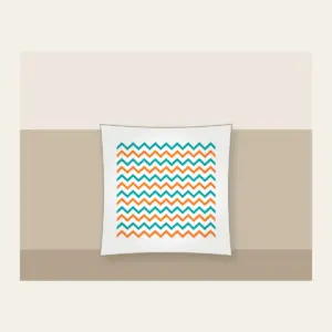Teal and Orange Zigzag Trail Pillow in white: Zigzag trail lines in teal and orange race across a white ground.