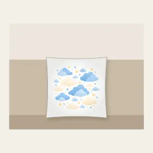 Cloudy Night Sky with Tiny Stars Pillow in white: Gentle clouds and tiny stars drift across blue and cream.
