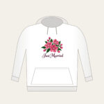 Cherry Blossoms and Just Married Wording Hoodie in white: A cluster of cherry blossoms in deep rose pink and dark green, with the words “Just Married” in dark plum below.