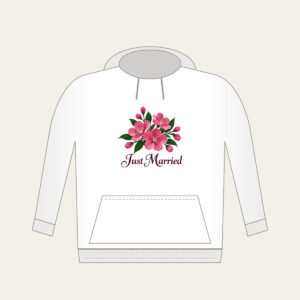 Cherry Blossoms and Just Married Wording Hoodie in white: A cluster of cherry blossoms in deep rose pink and dark green, with the words “Just Married” in dark plum below.