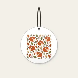 Curled Foxes, Acorns and Leaves Ceramic Ornament in white: Curled-up foxes, acorns and leaves repeat in rust, cream and moss.