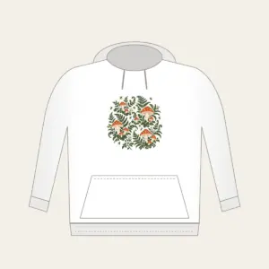 Toadstools, Ferns and Fireflies Hoodie in white: Toadstools, ferns and glowing fireflies scattered in rust and cream across a deep green forest ground.