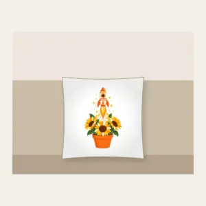 Striped Rocket in Sunflower Pot Pillow in white: A small striped rocket lifts off from a pot of sunflowers in white, yellow and orange.