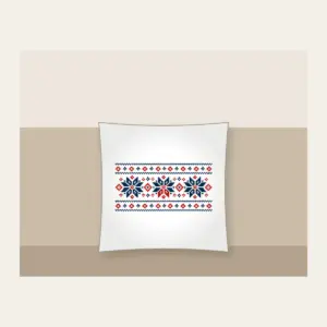 Fair Isle Snowflake Band Pillow in white: A Fair Isle-style band of snowflakes and small diamonds in navy, cream and red.