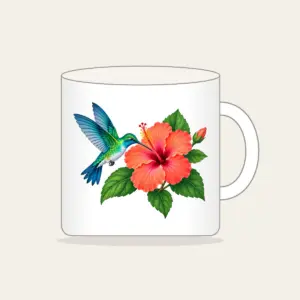 Hummingbird and Hibiscus Mug in white: A hummingbird beside a coral hibiscus flower with green leaves on a pale teal field.