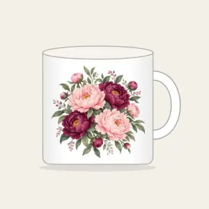 Blush and Plum Peony Blooms Mug in white: Full peony blooms in blush, plum and sage fill the space in a lush repeating pattern.