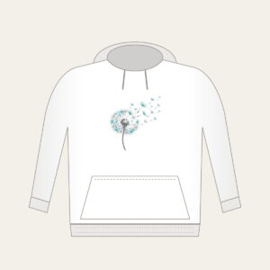 Dandelion Seed Head Drifting Away Hoodie in white: A dandelion seed head releases seeds in grey and teal on white.