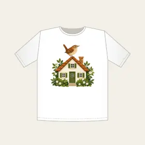 Wren on the Rooftop T-Shirt in white: A small house with a wren on its roof in warm brown, cream and green.