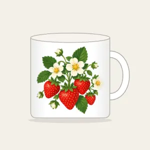 Strawberry Cluster with Blossoms Mug in white: A cluster of ripe strawberries with white blossoms and tiny leaves in red, green and cream.