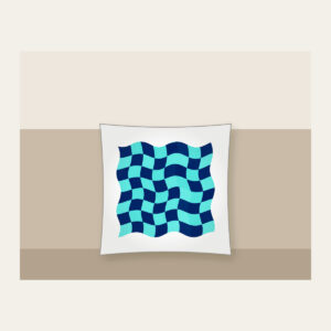 Ripple Checkerboard in Navy and Aqua Pillow in white: A checkerboard whose squares ripple like waves in navy and aqua.