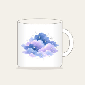Dusk Clouds with Tiny Silver Stars Mug in white: Gentle clouds in dusk blue and lilac are dotted with tiny silver stars.