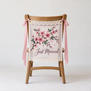 Cherry Blossom Lace Chair Banner with a cluster of cherry blossoms in deep rose pink and dark green with the words "Just Married" in dark plum below, kept clear of the lace trim
