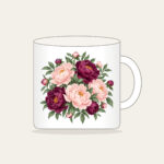 Blush and Plum Peony Garden Mug in white: Peonies and leaves in blush, plum and sage fill the artwork edge to edge.